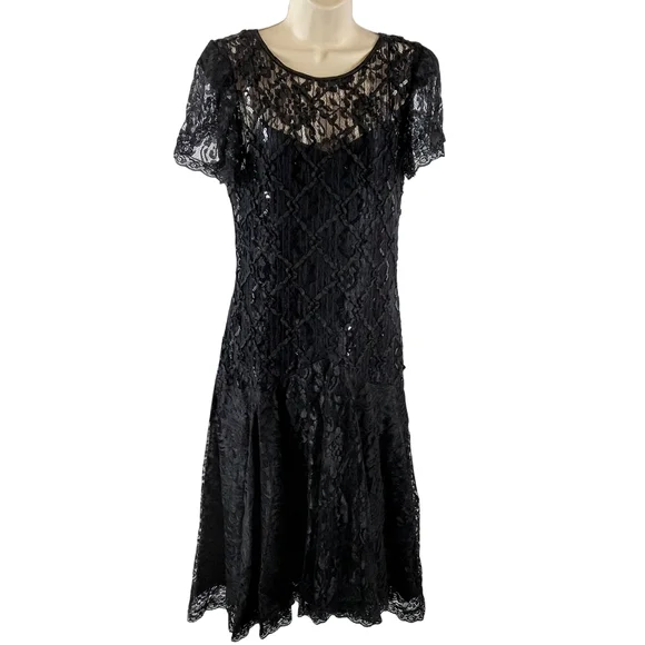 Vintage After Dark Elegant Black Lace Midi Dress - Picture 2 of 11
